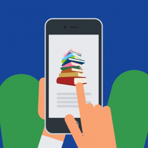 A cartoon of someone scrolling through an electronic phone device which has a stack of books on the screen